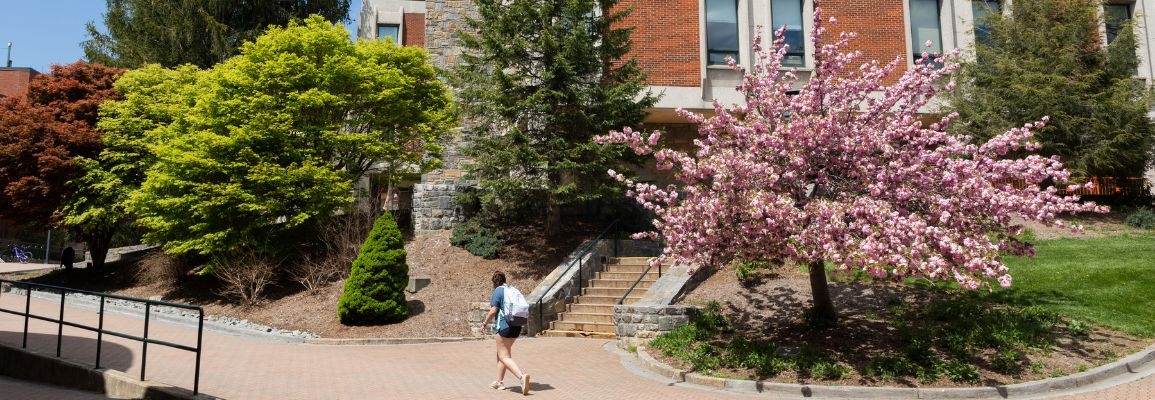 A student walking in front of Anne Belk Hall at Appalachian State University.