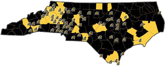 Map showing alumni job placements in NC